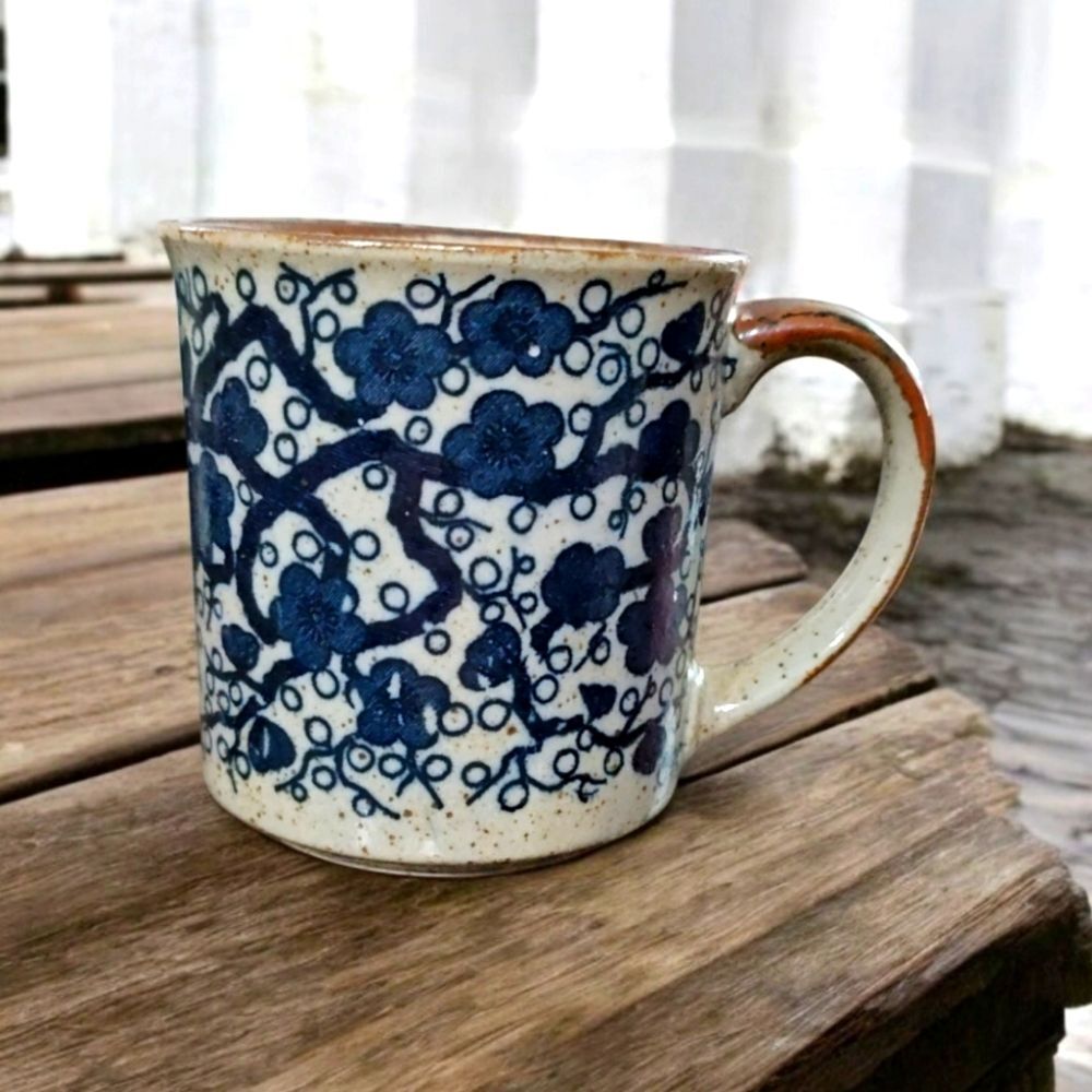 Vintage Takahashi Made in Japan Blue Floral Ceramic Mug Cup with Brown Trim